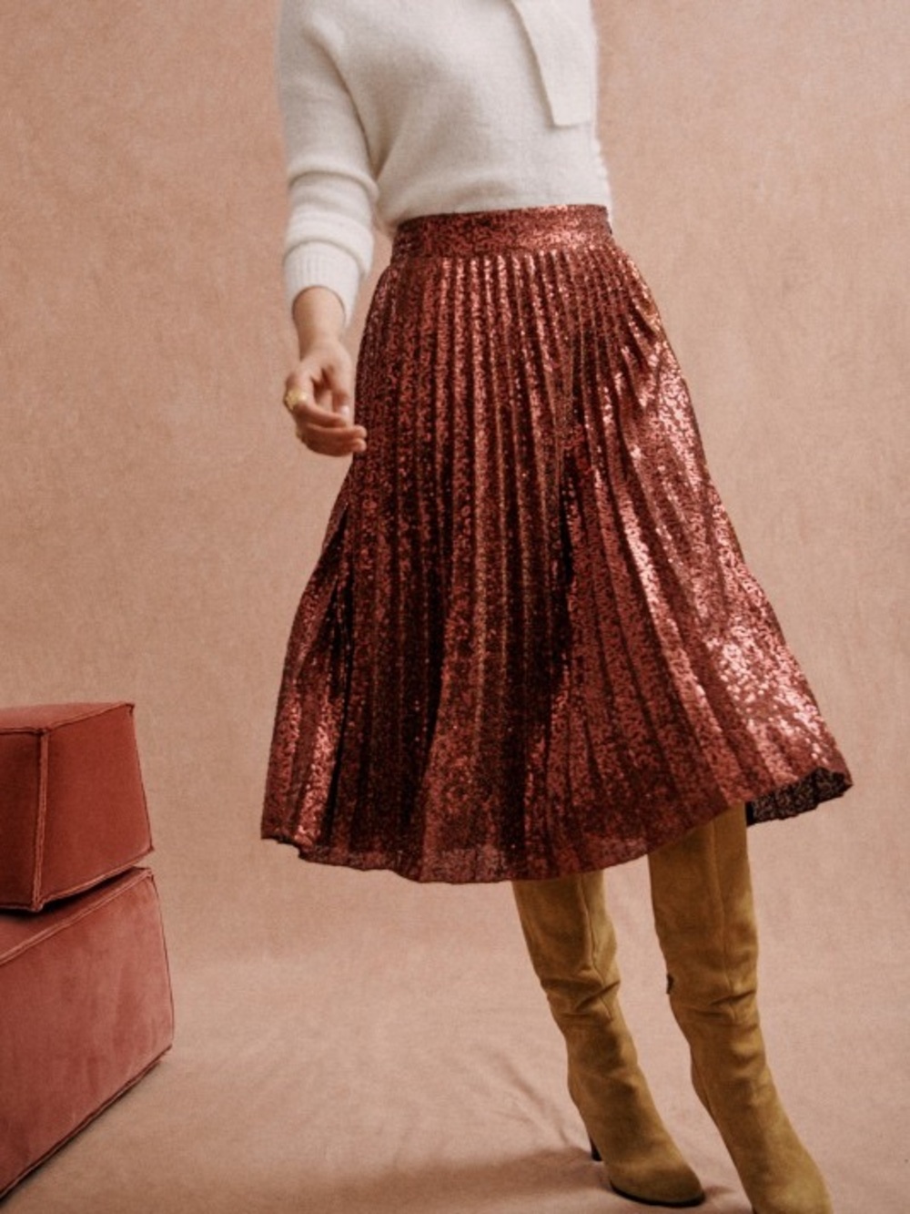SEZANE Copper Bronze Metallic Sequin Pleated Midi Skirt Festive Dino Skirt